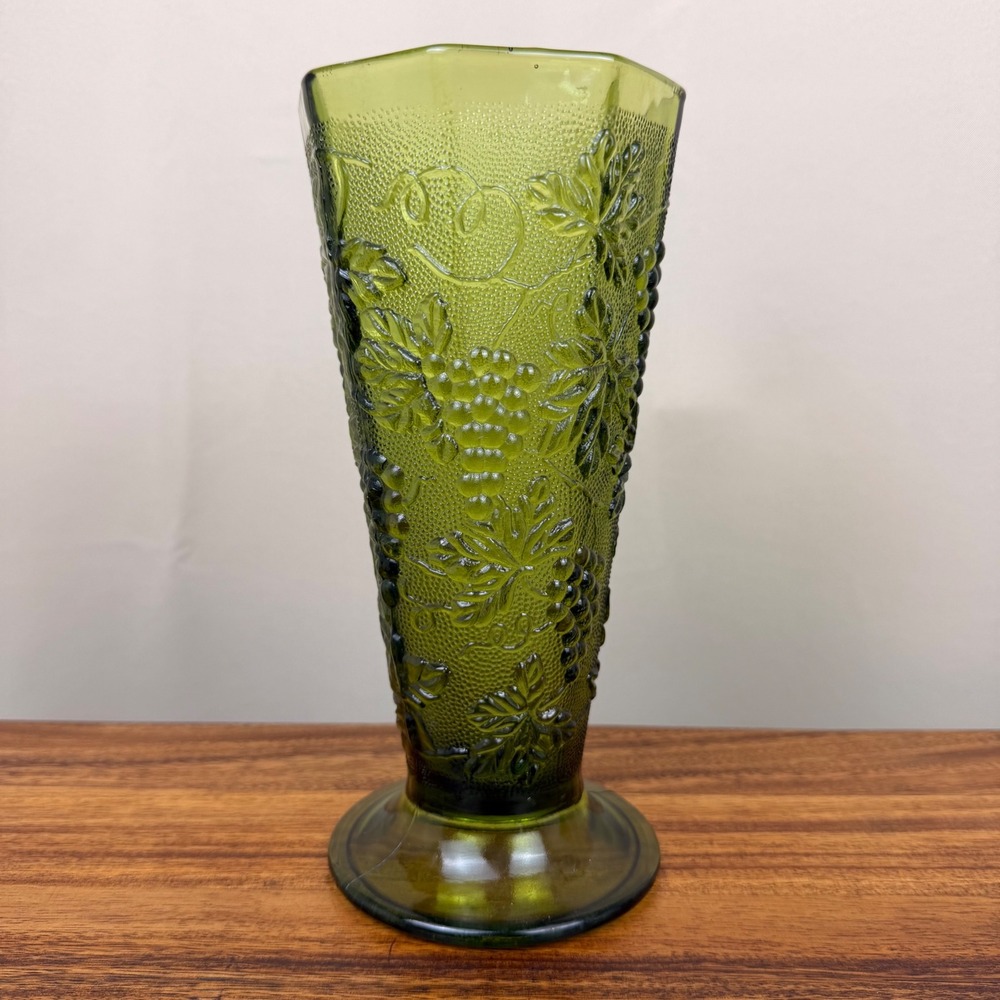 Indiana Glass Harvest Grape Olive Green Vintage Pedestal Vase 10 Inch Heptagon
